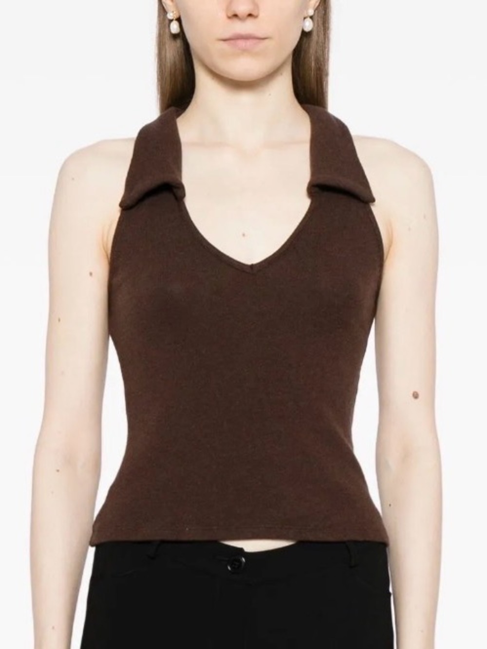 Reformation Dark Brown Sleeveless V-Neck Collared Knit Top - Picture 2 of 8